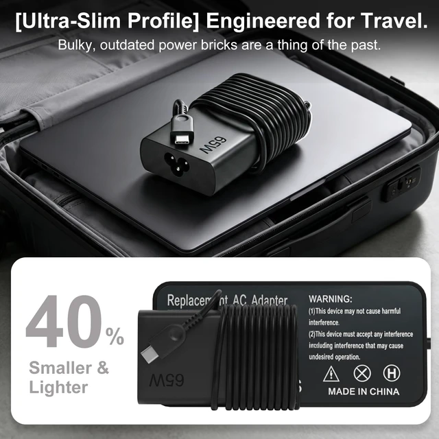 Alt view image 7 of 7 - Slim 65W Lenovo Laptop Charger & Universal Type C Fast Power Adapter 8ft reach! Slim plug won't block outlets. Smart IC safely fast charges 65W/45W/15W laptops, Chromebooks & phones