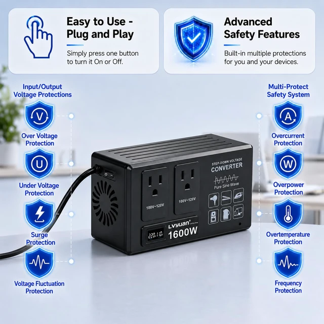 Alt view image 6 of 7 - 1600W Pure Sine Wave Step-Down Voltage Converter with LCD 200-240V input to 100-120V 60Hz output, Step-Down Voltage Converter, 3 travel plug adapters