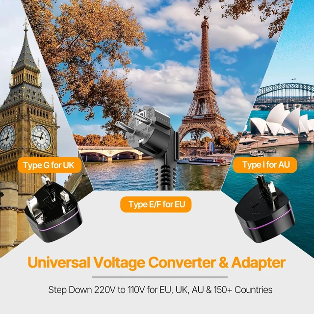 Alt view image 7 of 7 - 1600W Pure Sine Wave Step-Down Voltage Converter with LCD 200-240V input to 100-120V 60Hz output, Step-Down Voltage Converter, 3 travel plug adapters
