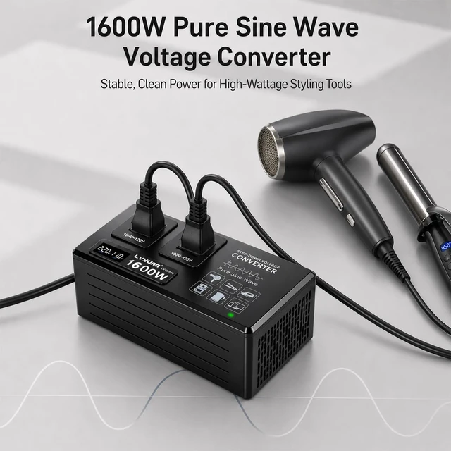 Alt view image 3 of 7 - 1600W Pure Sine Wave Step-Down Voltage Converter with LCD 200-240V input to 100-120V 60Hz output, Step-Down Voltage Converter, 3 travel plug adapters
