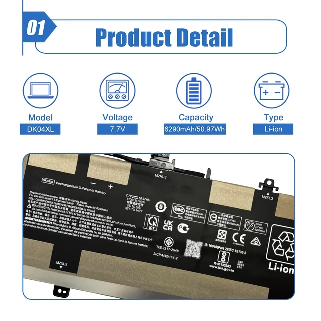 Alt view image 2 of 6 - 50.97Wh DK04XL Laptop Battery Replacement for HP Chromebook x360 13c Series Enterprise Elite C1030 Series L93531-2C1 HSTNN-DB9W DK04050XL 7.7V 6290mAh