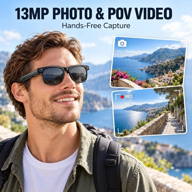 Alt view image 2 of 7 - 13MP AI Smart Glasses with Camera, Photo, Video,Open-Ear Audio 13MP Photos, Hands-Free Video, AI Assistant, Real-Time Translation, Object & Landmark Recognition, Open-Ear Audio & Calls