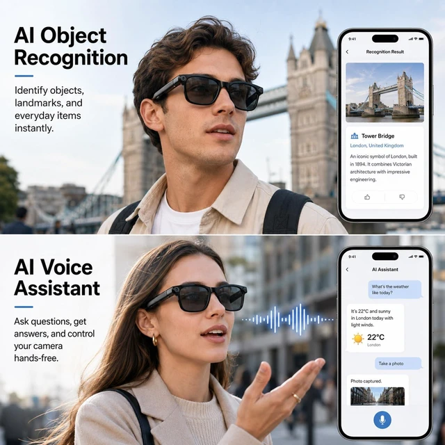 Alt view image 4 of 7 - 13MP AI Smart Glasses with Camera, Photo, Video,Open-Ear Audio 13MP Photos, Hands-Free Video, AI Assistant, Real-Time Translation, Object & Landmark Recognition, Open-Ear Audio & Calls