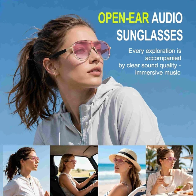 Alt view image 4 of 7 - Smart Glasses for Women, Open-Ear Bluetooth Sunglasses, Touch Control Pink UV lenses, temple sensors for auto-on when worn, 6H battery for commuting, travel, vacations and everyday outdoor use