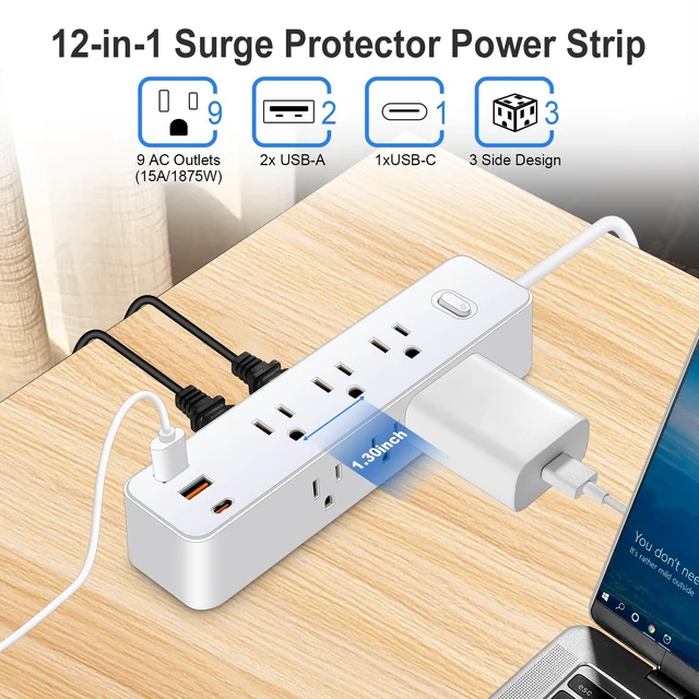 Alt view image 2 of 7 - 15FT Power Strip Surge Protector, 12-in-1 Power Bar with Multiple Outlets, 9 Outlet 3 USB Ports, Flat Plug Power Strip Surge Protector, Multi Outlet Wall Plug for Travel, College, Dorm Room Essentials