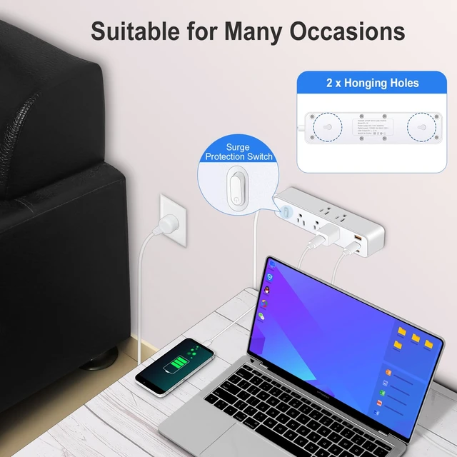 Alt view image 5 of 7 - 15FT Power Strip Surge Protector, 12-in-1 Power Bar with Multiple Outlets, 9 Outlet 3 USB Ports, Flat Plug Power Strip Surge Protector, Multi Outlet Wall Plug for Travel, College, Dorm Room Essentials