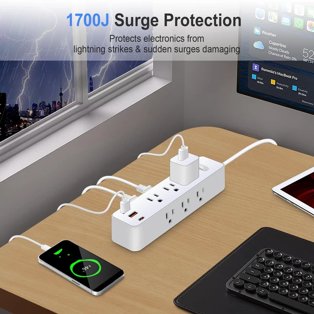 Alt view image 4 of 7 - 15FT Power Strip Surge Protector, 12-in-1 Power Bar with Multiple Outlets, 9 Outlet 3 USB Ports, Flat Plug Power Strip Surge Protector, Multi Outlet Wall Plug for Travel, College, Dorm Room Essentials