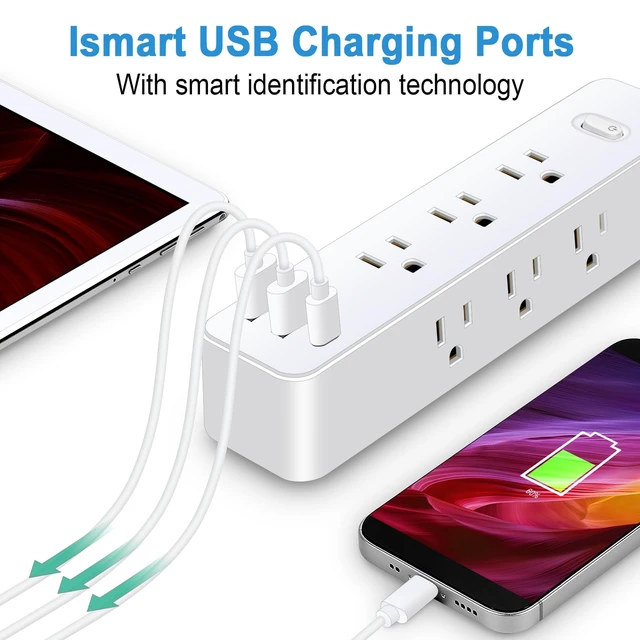 Alt view image 3 of 7 - 15FT Power Strip Surge Protector, 12-in-1 Power Bar with Multiple Outlets, 9 Outlet 3 USB Ports, Flat Plug Power Strip Surge Protector, Multi Outlet Wall Plug for Travel, College, Dorm Room Essentials