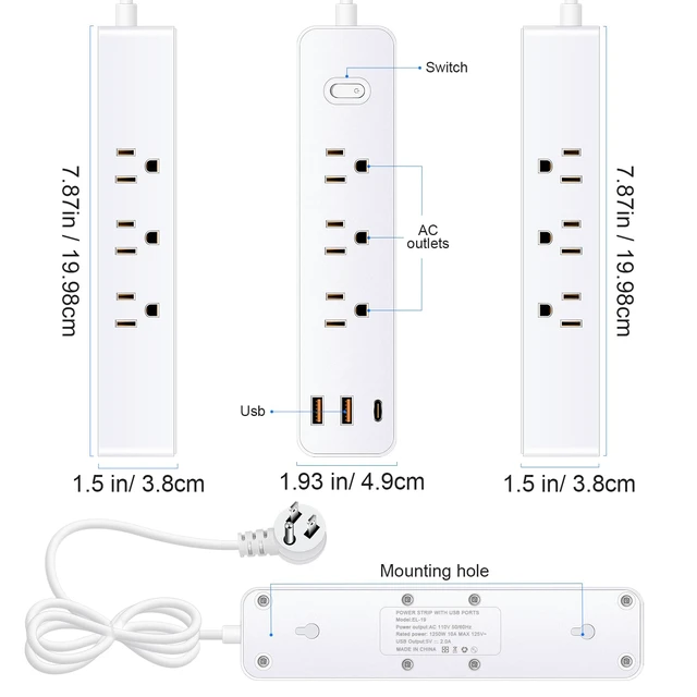 Alt view image 7 of 7 - 15FT Power Strip Surge Protector, 12-in-1 Power Bar with Multiple Outlets, 9 Outlet 3 USB Ports, Flat Plug Power Strip Surge Protector, Multi Outlet Wall Plug for Travel, College, Dorm Room Essentials