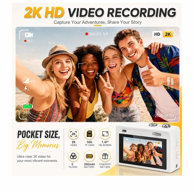 Alt view image 3 of 6 - Mini Keychain Camera 2K 5MP, 1.47" Screen, Colorful Y2K 16GB White 2K video,5MP sensor,rechargeable battery,Retro Tiny Camera for travel,teens,Birthday Gift for Kids & Friends