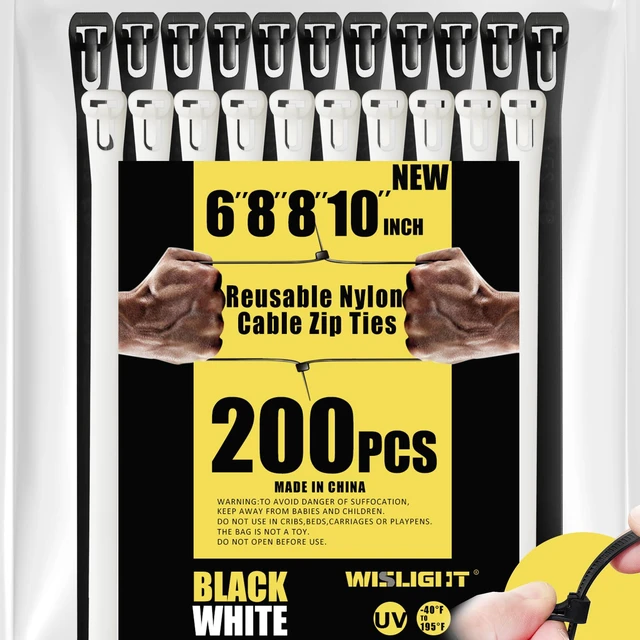 Main image of 200 pcs Heavy Duty 6+8(Small)+8+10 Inchx0.3inch 120 Lbs Tensile Strength,Reusable Releasable Adjustable Nylon Cable Zip Ties, Assorted Black & White, Multi-Purpose Self-Locking Wire Ties