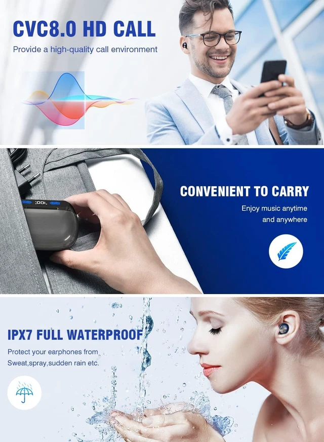 Alt view image 5 of 7 - Bluetooth Earbuds Wireless 200Hrs Playback, IPX7 Waterproof, Noise Canceling LED Power Display Earphones with Charging Case, in-Ear, Headphones with Mic for Phone Smart TV Laptop Computer Android iOS