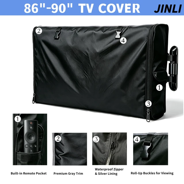 Alt view image 4 of 7 - 86-90 Inch Outdoor TV Cover, 600D Oxford Weatherproof TV Protector Dustproof & UV resistant, side zipper design lets you roll up cover for viewing, with remote pocket & waterproof zipper