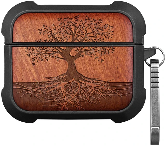 Main image of Solid Wood Case for AirPods Pro 3, The Yin Yang Tree, Rosy AirPods Pro Case 3rd Generation, Titanium metal Quick-Release Keychain, Compatible with Wireless Charging, Wood-Engraved