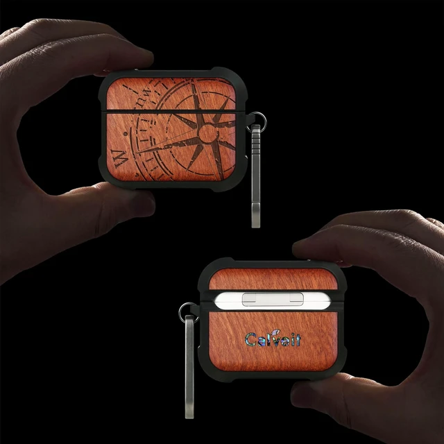 Alt view image 2 of 7 - Solid Wood Case for AirPods Pro 3, The Incomplete Compass, Rosy AirPods Pro Case 3rd Generation, Titanium metal Quick-Release Keychain, Compatible with Wireless Charging, Wood-Engraved