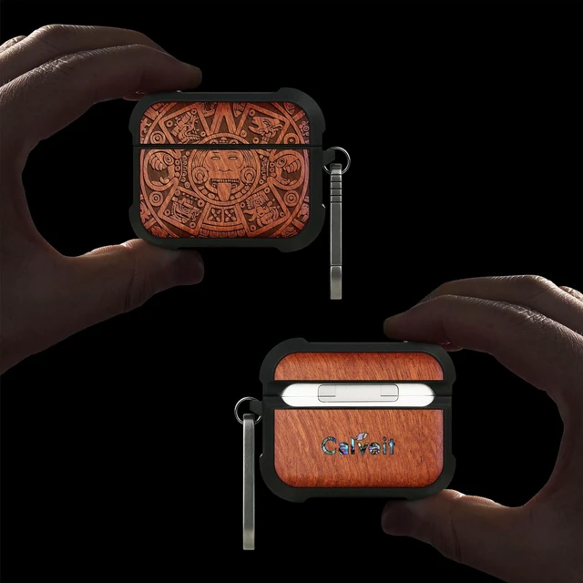 Alt view image 2 of 7 - Solid Wood Case for AirPods Pro 3, The Maya Calendar, Rosy AirPods Pro Case 3rd Generation, Titanium metal Quick-Release Keychain, Compatible with Wireless Charging, Wood-Engraved