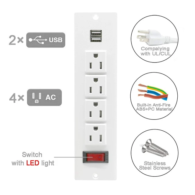 Alt view image 3 of 4 - Recessed Power Strip Socket with USB Ports Mountable Desk Power Outlet Desktop Power Strip 4 AC Outlets 2 USB Ports for Conference Cabinet Sofa Countertop UL Listed