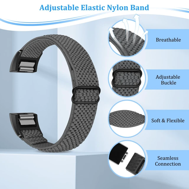 Alt view image 5 of 7 - Elastic Bands Compatible with Fitbit Charge 2 Band, Adjustable Stretchy Soft Nylon Solo Loop Replacement Strap for Fitbit Charge 2 Women Men