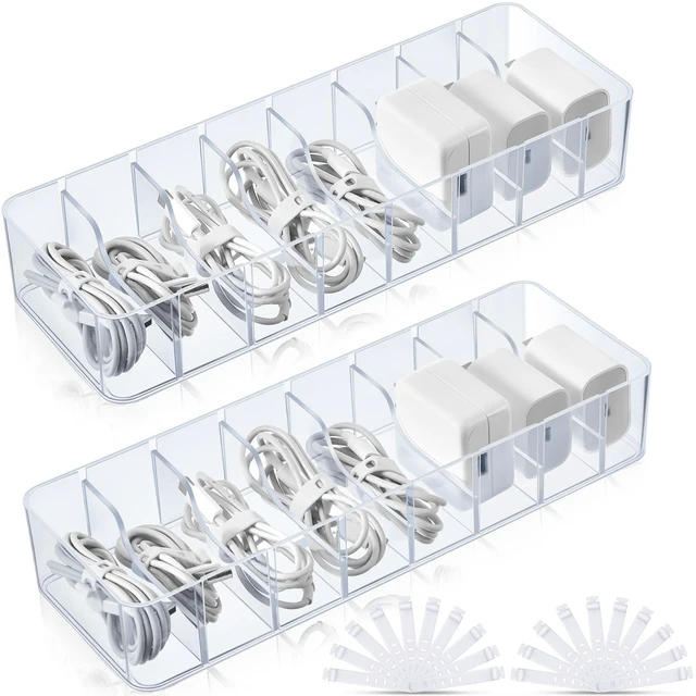 Main image of 2 Pcs Cable Organizer with 20 Wire Ties, Plastic Cord Storage Charger Box Electronics Organizer with Adjustment Compartments Cable Storage for Drawer Home Office Desk Accessories (Clear)