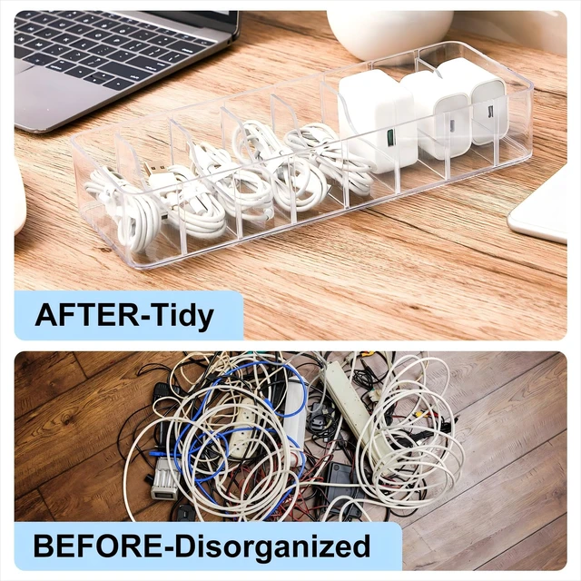 Alt view image 5 of 7 - 2 Pcs Cable Organizer with 20 Wire Ties, Plastic Cord Storage Charger Box Electronics Organizer with Adjustment Compartments Cable Storage for Drawer Home Office Desk Accessories (Clear)