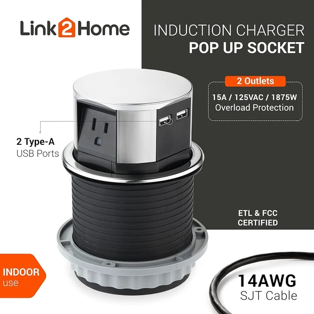 Alt view image 2 of 7 - 2 Pack Pop Up Outlet 10W Fast Induction Charger with Type-C USB, 3 Power Outlets 15A, 2 USB Ports 3.0A, Splash Resistant, Matt Black Finish, for Kitchen Counter Island, Office Table