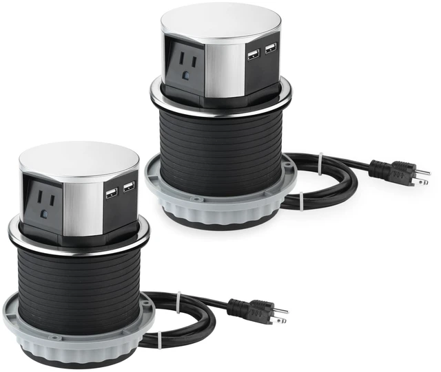 Main image of 2 Pack Pop Up Outlet 10W Fast Induction Charger with Type-C USB, 3 Power Outlets 15A, 2 USB Ports 3.0A, Splash Resistant, Matt Black Finish, for Kitchen Counter Island, Office Table