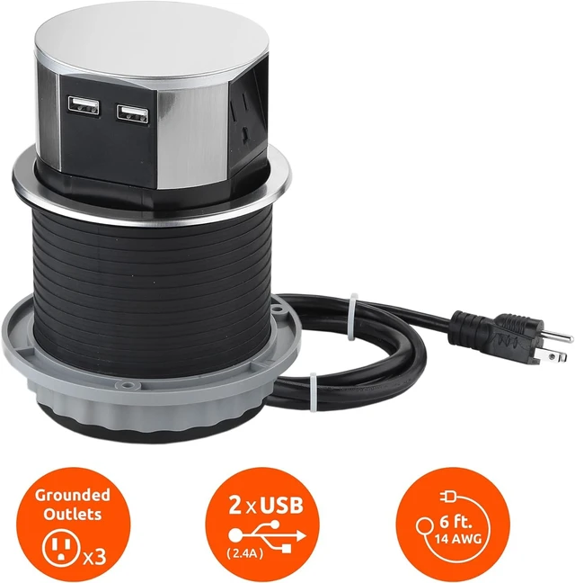 Alt view image 6 of 7 - 2 Pack Pop Up Outlet 10W Fast Induction Charger with Type-C USB, 3 Power Outlets 15A, 2 USB Ports 3.0A, Splash Resistant, Matt Black Finish, for Kitchen Counter Island, Office Table