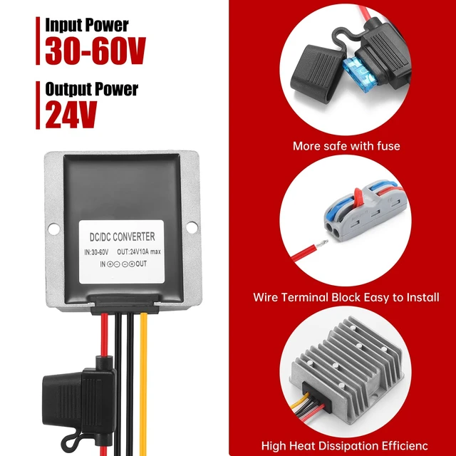 Alt view image 2 of 7 - 240W DC-DC Buck Converter, 30V-60V to 24V 10A, Waterproof Transformer for Truck/RV/Solar, Power Supply for CCTV Cameras, Overload and Short-Circuit Protection (IP67,)