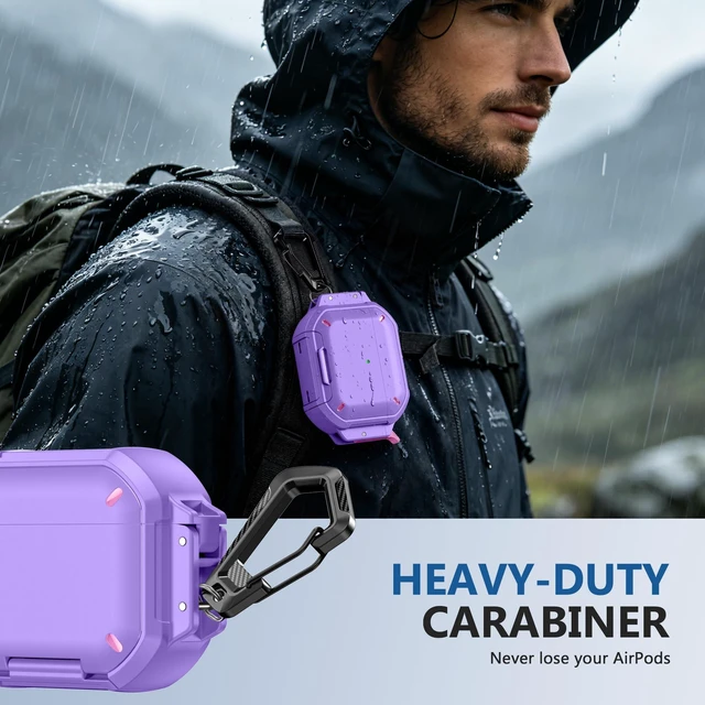 Alt view image 6 of 7 - for AirPods Pro 3 Case, IP68 Waterproof Military Grade Protective Cover for AirPods Pro 3rd Gen, Anti-Scratch Hard Shell Cover with Secure Lock, Keychain & Phone Stand (2025), Purper