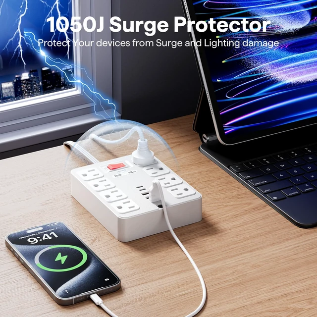 Alt view image 3 of 7 - 13 in 1 Surge Protector Power Strip Flat Plug 8 Widely AC Outlet 3 USB Ports,1250W/10A15 ft Extension Cord with Multiple Outlets, Desk Extender for Dorm, Home,TravelOffice Essentials,ETL Listed