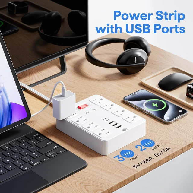 Alt view image 2 of 7 - 13 in 1 Surge Protector Power Strip Flat Plug 8 Widely AC Outlet 3 USB Ports,1250W/10A15 ft Extension Cord with Multiple Outlets, Desk Extender for Dorm, Home,TravelOffice Essentials,ETL Listed