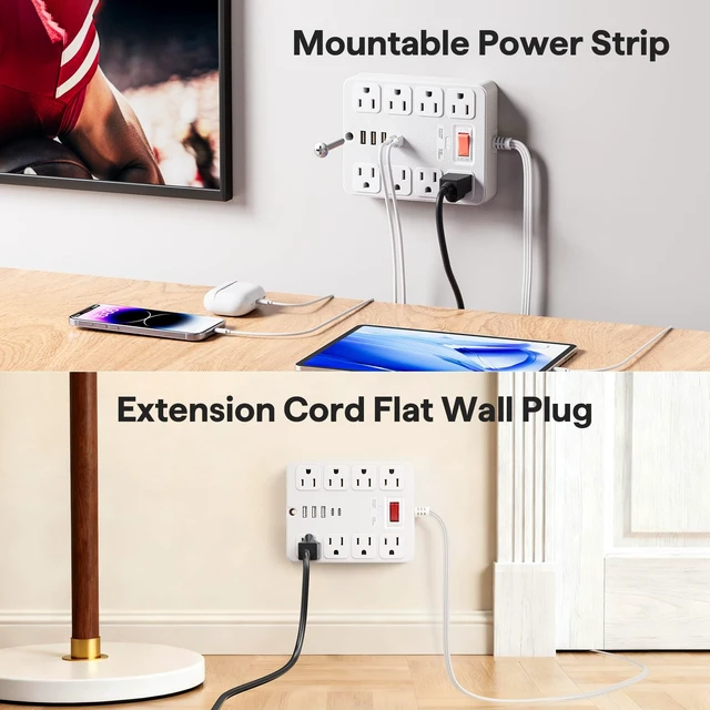 Alt view image 4 of 7 - 13 in 1 Surge Protector Power Strip Flat Plug 8 Widely AC Outlet 3 USB Ports,1250W/10A15 ft Extension Cord with Multiple Outlets, Desk Extender for Dorm, Home,TravelOffice Essentials,ETL Listed