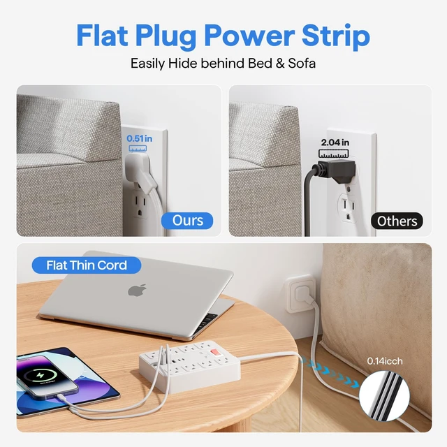 Alt view image 5 of 7 - 13 in 1 Surge Protector Power Strip Flat Plug 8 Widely AC Outlet 3 USB Ports,1250W/10A15 ft Extension Cord with Multiple Outlets, Desk Extender for Dorm, Home,TravelOffice Essentials,ETL Listed