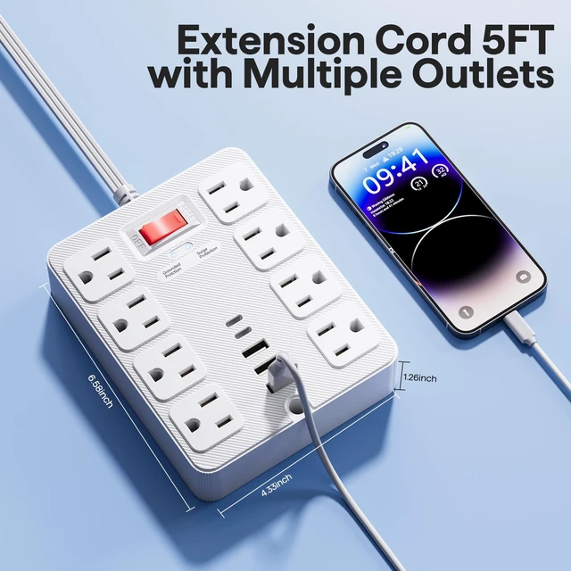 Alt view image 6 of 7 - 13 in 1 Surge Protector Power Strip Flat Plug 8 Widely AC Outlet 3 USB Ports,1250W/10A15 ft Extension Cord with Multiple Outlets, Desk Extender for Dorm, Home,TravelOffice Essentials,ETL Listed