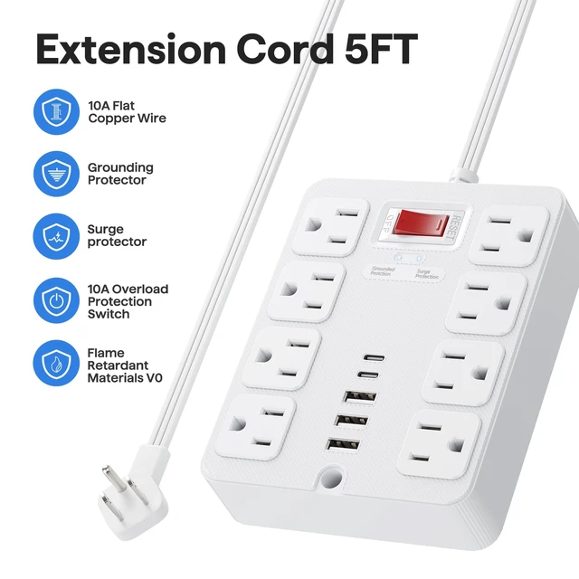 Alt view image 7 of 7 - 13 in 1 Surge Protector Power Strip Flat Plug 8 Widely AC Outlet 3 USB Ports,1250W/10A15 ft Extension Cord with Multiple Outlets, Desk Extender for Dorm, Home,TravelOffice Essentials,ETL Listed