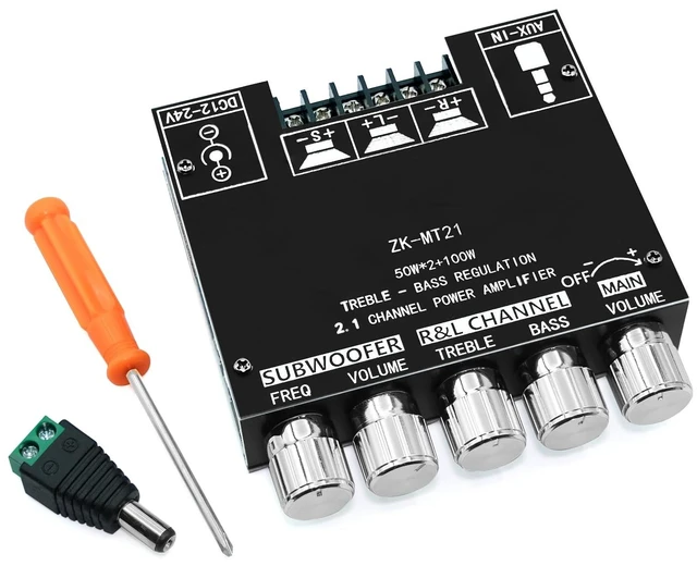 Main image of ZK-MT21 Bluetooth Amplifier Board 50W×2+100W with Treble and Bass Control, Bluetooth 5.0 HiFi 2.1 Channel Subwoofer Audio Stereo Amplifier Board,BT and AUX Inputs for DIY Speakers