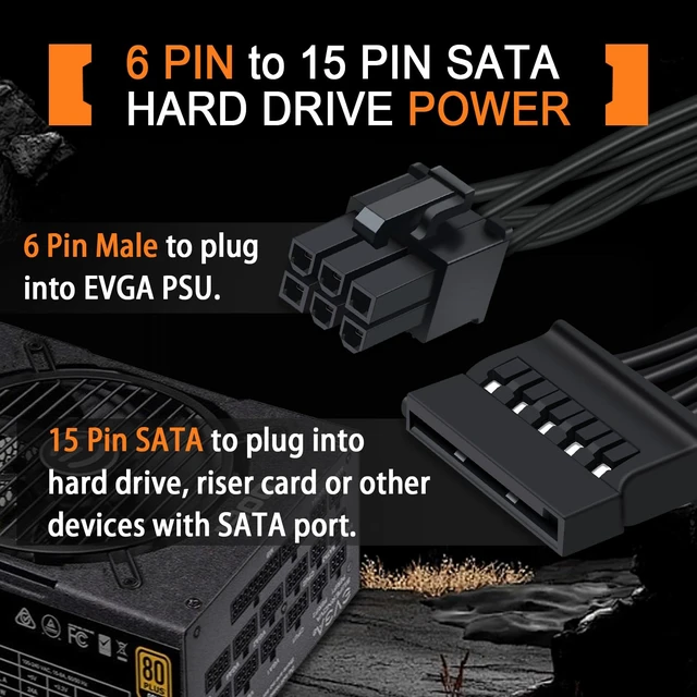 Alt view image 2 of 7 - SATA Power Cable 6 Pin to 3X SATA for EVGA Supernova PSUs (G1/G2/G3/GS/GA/GM/B2/P2/T2), Not Compatible with GQ Series & 1000PS/850GS/1050GS, 20-in(50cm)