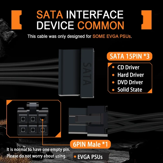 Alt view image 3 of 7 - SATA Power Cable 6 Pin to 3X SATA for EVGA Supernova PSUs (G1/G2/G3/GS/GA/GM/B2/P2/T2), Not Compatible with GQ Series & 1000PS/850GS/1050GS, 20-in(50cm)