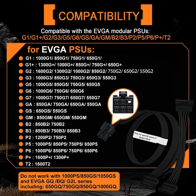 Alt view image 7 of 7 - SATA Power Cable 6 Pin to 3X SATA for EVGA Supernova PSUs (G1/G2/G3/GS/GA/GM/B2/P2/T2), Not Compatible with GQ Series & 1000PS/850GS/1050GS, 20-in(50cm)