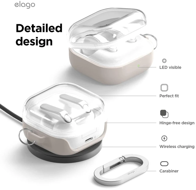 Alt view image 7 of 7 - Duo Case for Galaxy Buds 4 Pro & Galaxy Buds 4 Duo with Carabiner, Premium Silicone + TPU Cover, Wireless Charging, for Men, for Women (Clear - Stone)