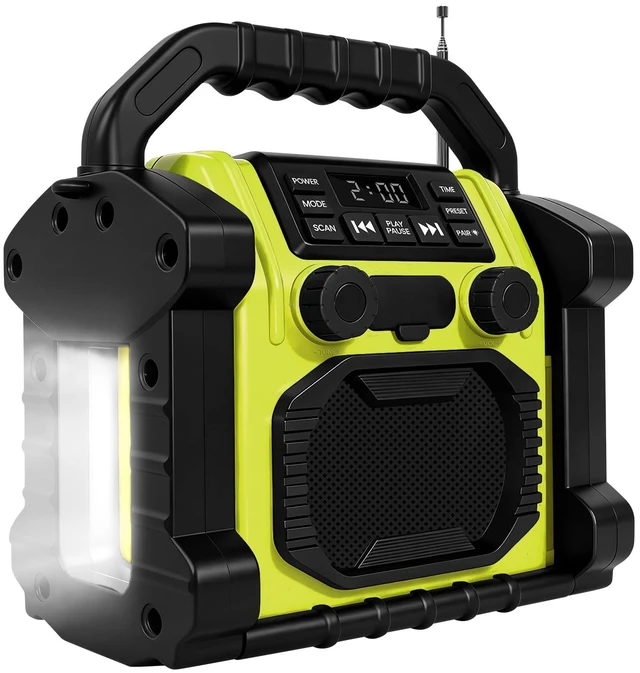 Main image of Outdoor Radios Waterproof Jobsite Speaker, 30W IPX 66 8000mAh Battery, Cell Phone Charging, Portable with LED Lights, Portable FM Clock Radio for Outdoor/Work/Garage (Green)