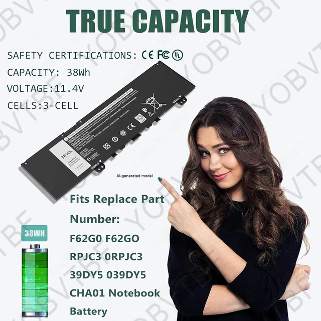 Alt view image 4 of 7 - 38WH F62G0 Battery Compatible With Dell 1nspiron 13 7000 i7373 7373 7386 2-in-1 7370 7380 5370 P83G P87G P91G P83G001 P83G002 P87G001 Vostro 13 5000 5370 13-5370 039DY5 0F62G0 RPJC3 0RPJC3 11.4V