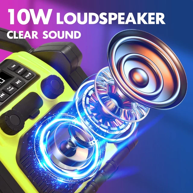 Alt view image 4 of 7 - Outdoor Radios Waterproof Jobsite Speaker, 30W IPX 66 8000mAh Battery, Cell Phone Charging, Portable with LED Lights, Portable FM Clock Radio for Outdoor/Work/Garage (Green)