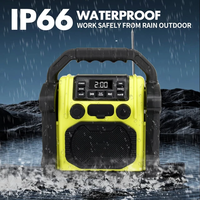 Alt view image 2 of 7 - Outdoor Radios Waterproof Jobsite Speaker, 30W IPX 66 8000mAh Battery, Cell Phone Charging, Portable with LED Lights, Portable FM Clock Radio for Outdoor/Work/Garage (Green)