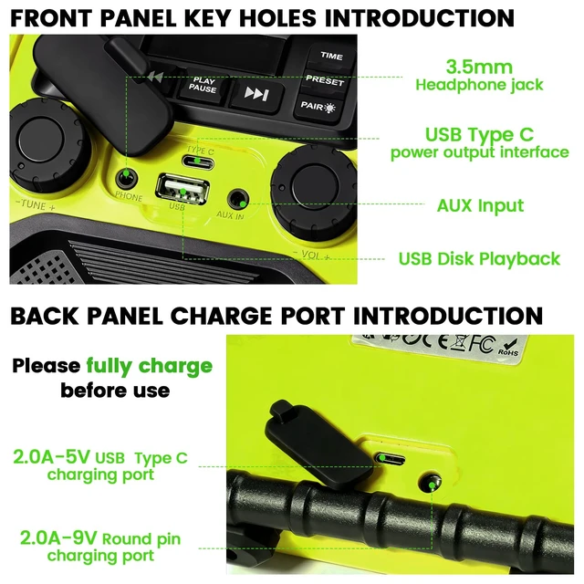 Alt view image 6 of 7 - Outdoor Radios Waterproof Jobsite Speaker, 30W IPX 66 8000mAh Battery, Cell Phone Charging, Portable with LED Lights, Portable FM Clock Radio for Outdoor/Work/Garage (Green)