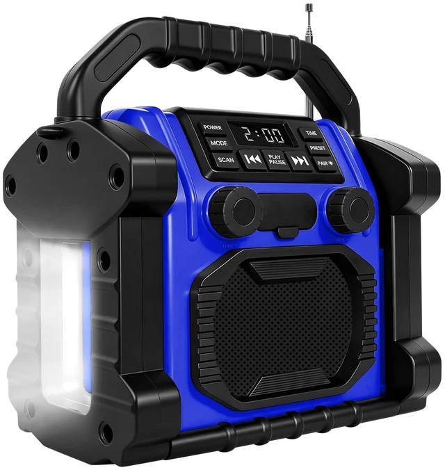 Main image of Outdoor Radios Waterproof Bluetooth Speaker 8000mAh Battery 30W IPX 66, Cell Phone Charging, Portable with LED Lights, Anticollision Fm Clock Radios for Workshop/Outdoor/Camping (Blue)