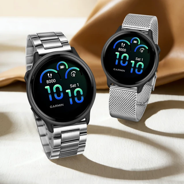 Alt view image 5 of 7 - Women Band Sets for Vivoactive 6 5 3 Smart Watch, 20mm Solid Stainless Steel Watchband + Mesh Strap for Garmin Venu Sq 2 / Forerunner 570 42mm / Vivomove 3 Luxe Style Trend