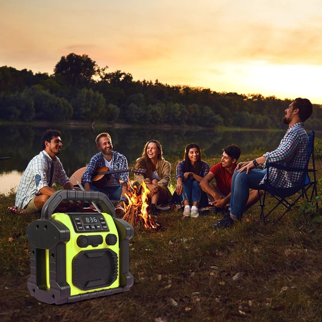 Alt view image 7 of 7 - Outdoor Radios Waterproof Jobsite Speaker, 30W IPX 66 8000mAh Battery, Cell Phone Charging, Portable with LED Lights, Portable FM Clock Radio for Outdoor/Work/Garage (Green)
