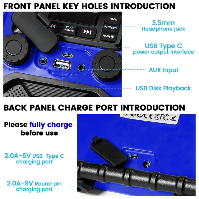 Alt view image 6 of 7 - Outdoor Radios Waterproof Bluetooth Speaker 8000mAh Battery 30W IPX 66, Cell Phone Charging, Portable with LED Lights, Anticollision Fm Clock Radios for Workshop/Outdoor/Camping (Blue)