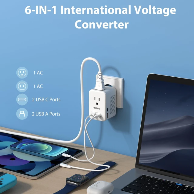 Alt view image 3 of 6 - ANTPO 220V to 110V Voltage Converter US to Europe with 2 USB Port 2 USB C PD 20W,2 AC Outlets Travel Converter for European Travel Power Adapter Combo for Germany France Italy Spain (White)